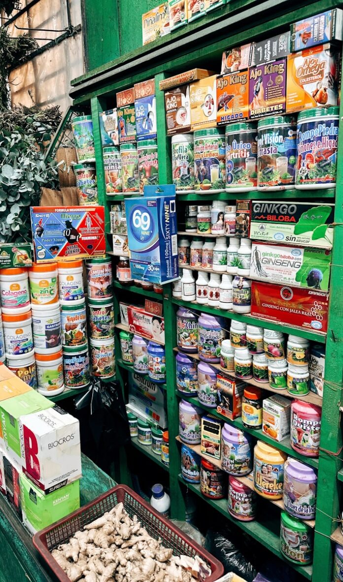 Shelves filled with various health supplements and products.